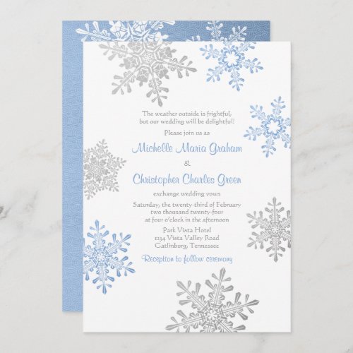 Simple Lapis Blue Silver Winter Snowflake Wedding Invitation