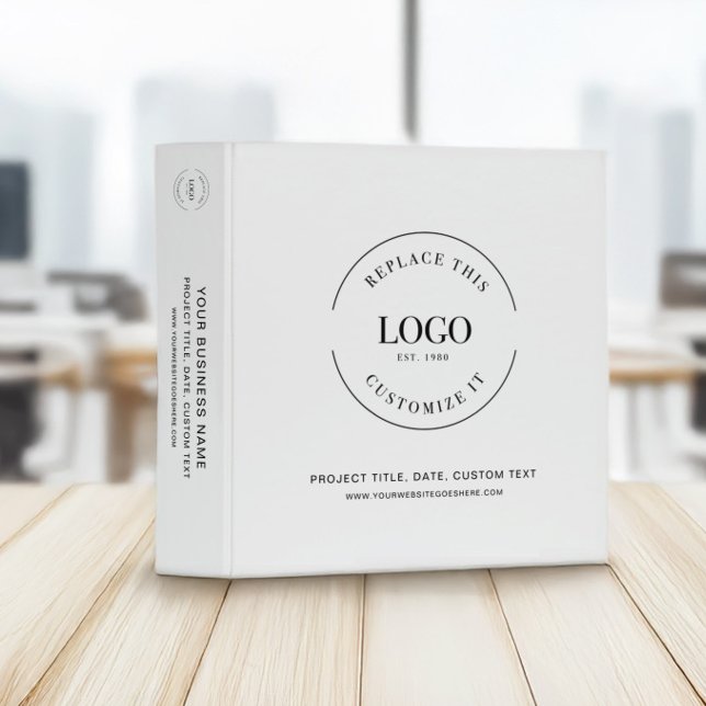 Simple large Business Logo Minimalist white 3 Ring Binder (Professional Customizable Business binder with logo, project title and website. )