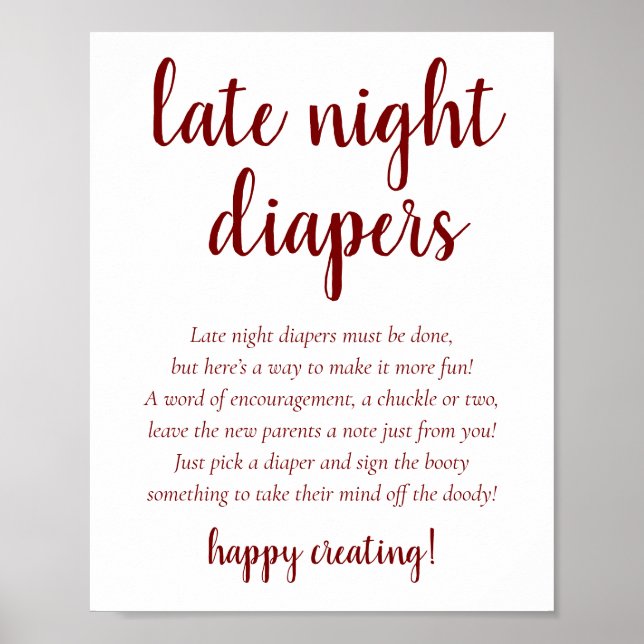 Simple Late Night Diapers | Candy Apple Red Shower Poster (Front)