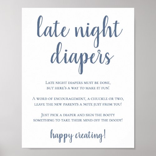 Simple Late Night Diapers  Dusty Blue Baby Shower Poster