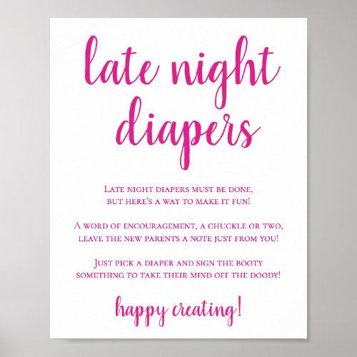 Simple Late Night Diapers  Hot Pink Shower Sign