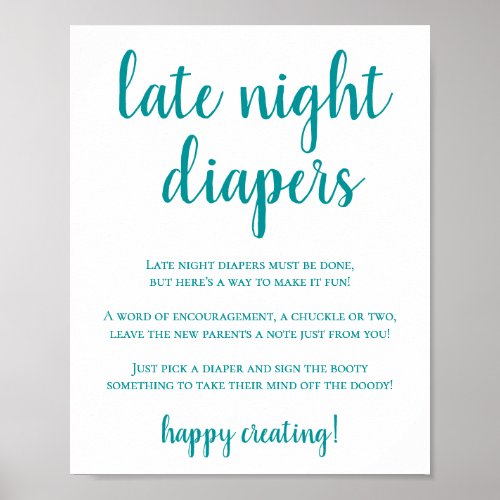 Simple Late Night Diapers  Teal Aqua Baby Shower Poster