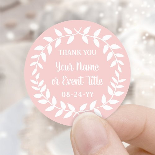 Simple Laurel Wreath Blush Pink  White Thank You Classic Round Sticker