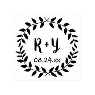 Simple Laurel Wreath Rustic Wedding Monogram Date Rubber Stamp