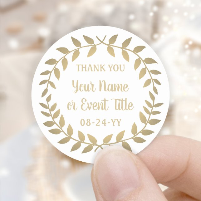Simple Laurel Wreath White and Gold Thank You Classic Round Sticker (Creator Uploaded)