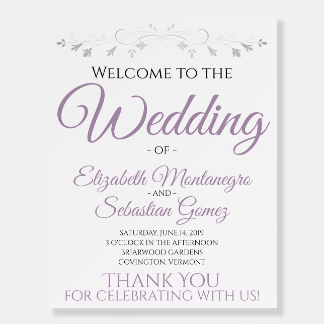 Simple Lavender and Silver Elegant Wedding Welcome Foam Board (Front)
