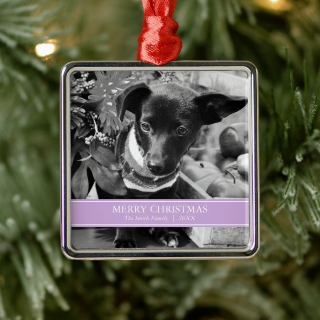 Simple Lavender and White Custom Photo Christmas Metal Ornament (Tree)