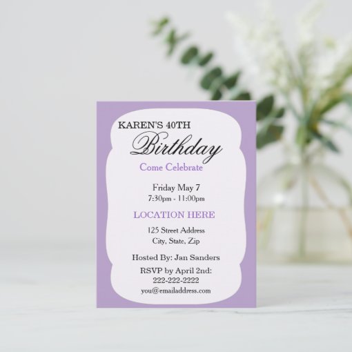 Simple lavender Birthday Party Invitations | Zazzle