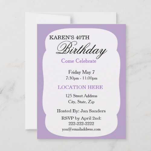 Simple lavender Birthday Party Invitations