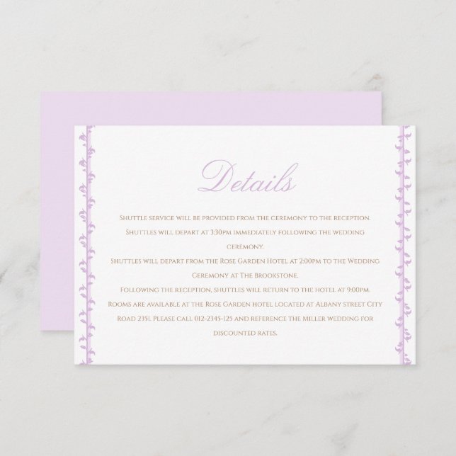Simple Lavender Crest Wedding Details Enclosure Card (Front/Back)