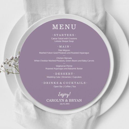 Simple Lavender Elegant Round Wedding Dinner Menu