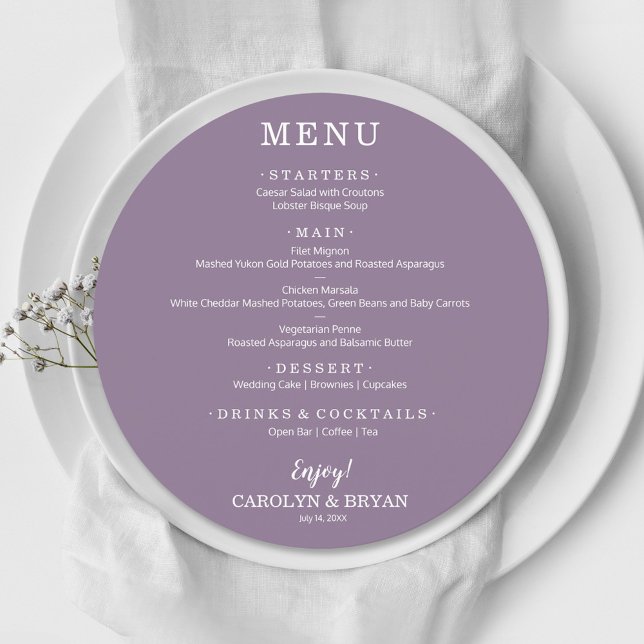 Simple Lavender Elegant Round Wedding Dinner Menu (Creator Uploaded)