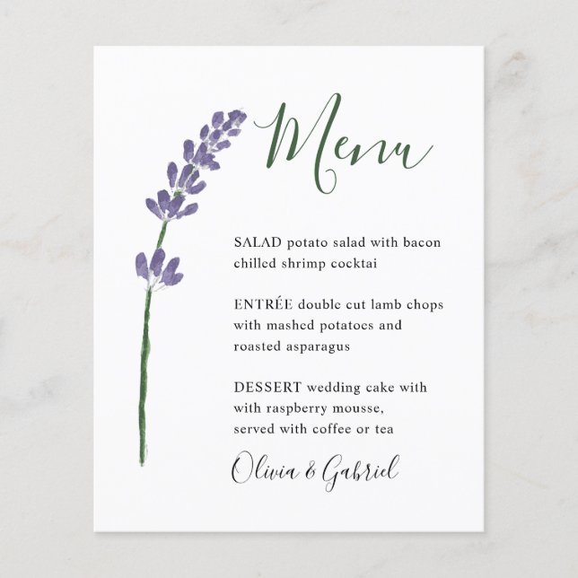 Simple lavender flower Stylish modern wedding menu (Front)