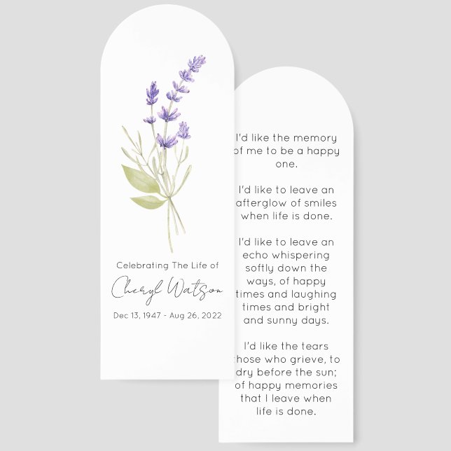 Simple Lavender Funeral Memorial Bookmark (Front & Back)