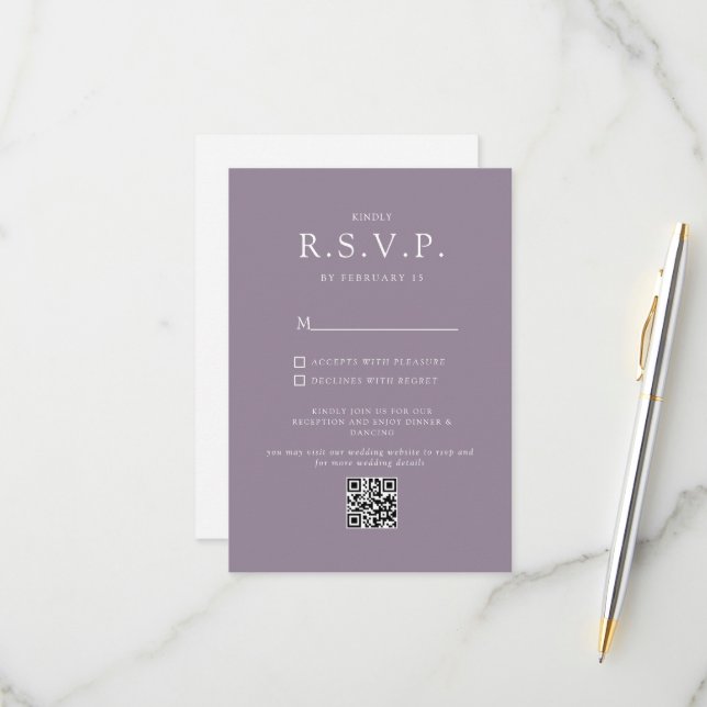 Simple Lavender Minimalist QR CODE   Wedding RSVP Card (Front/Back In Situ)