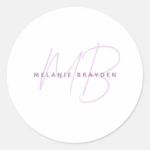 Simple Lavender Minimalist Two Monogram Name Classic Round Sticker