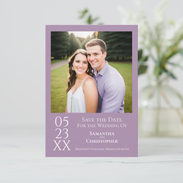Simple Lavender Modern Minimalist Photo Wedding Save The Date (Standing Front)
