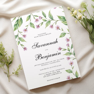 Simple lavender pink green floral wedding invitation