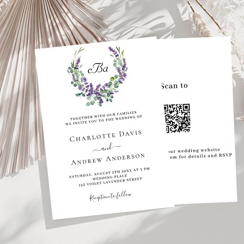 Simple lavender violet florals QR RSVP wedding Invitation