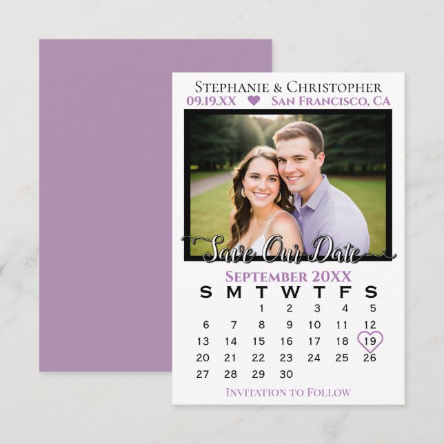 Simple Lavender & White Calendar & Photo Wedding Save The Date (Front/Back)