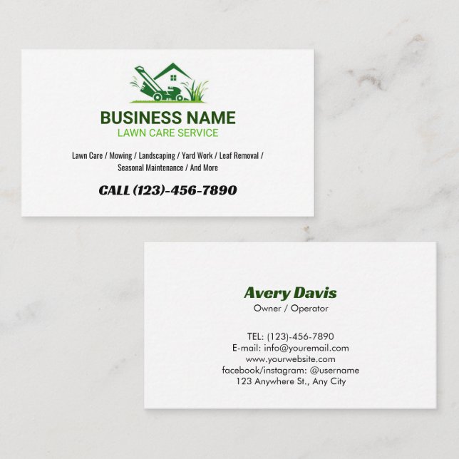 Simple Lawn Care Service Logo Yard work Landscaper Business Card (Front/Back)
