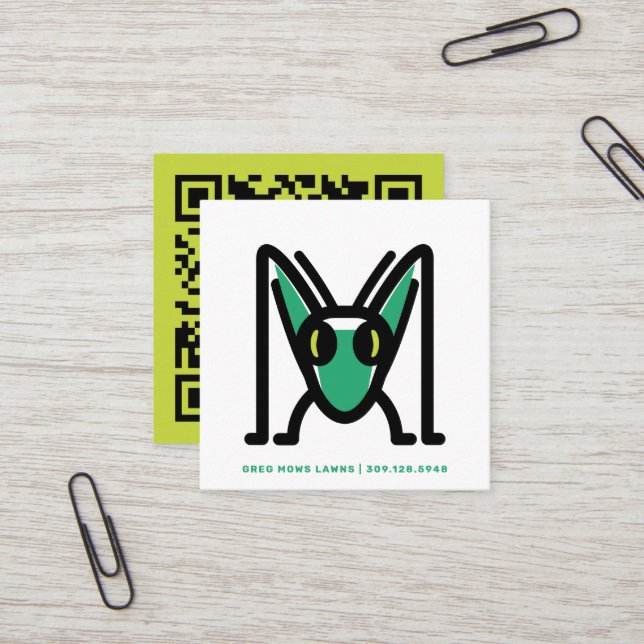 Simple Lawn Service Grasshopper Mascot QR Code Square Business Card (Front/Back In Situ)
