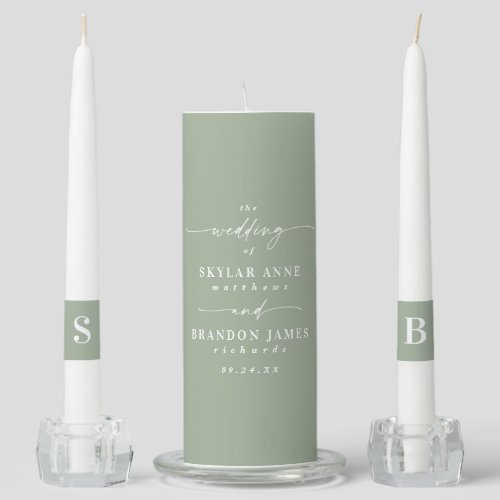 Simple Leaf Green Bride  Groom Monogram Wedding Unity Candle Set