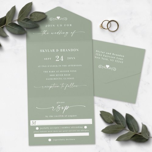 Simple Leaf Green Elegant Calligraphy Wedding All In One Invitation