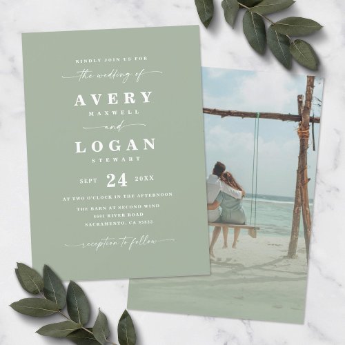 Simple Leaf Green Wedding Invitation with Photo