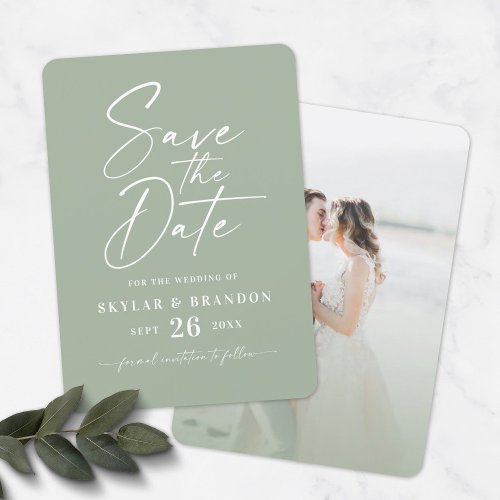 Simple Leaf Green with Script and Photo Wedding Save The Date