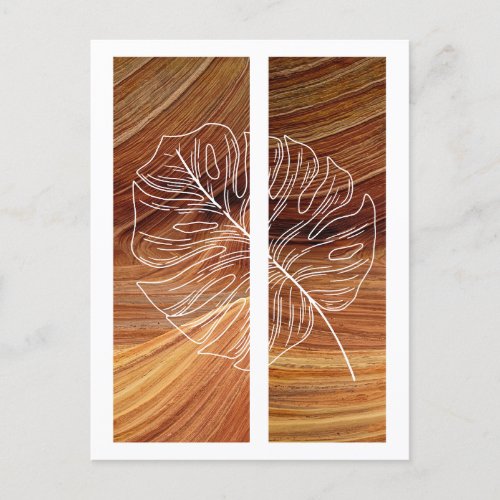 Simple Leaf Line Art Outline Rich Wood Background Postcard