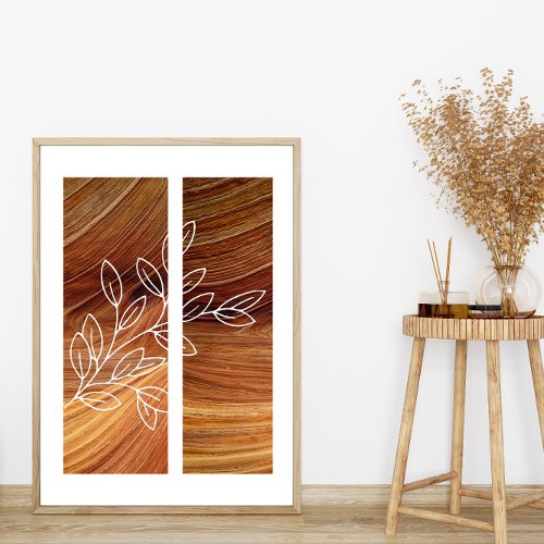 Simple Leaf Line Art Outline Rich Wood Background Poster