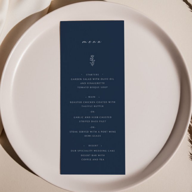 Simple Leaf Navy Blue Wedding Dinner Menu (Creator Uploaded)