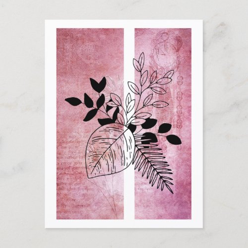 Simple Leaf Outline Line Art Deep Pink Background Postcard