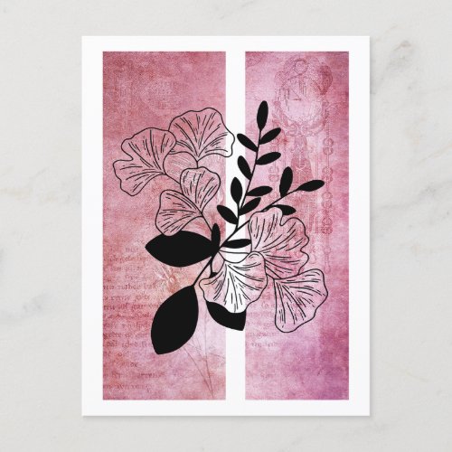 Simple Leaf Outline Line Art Deep Pink Background Postcard