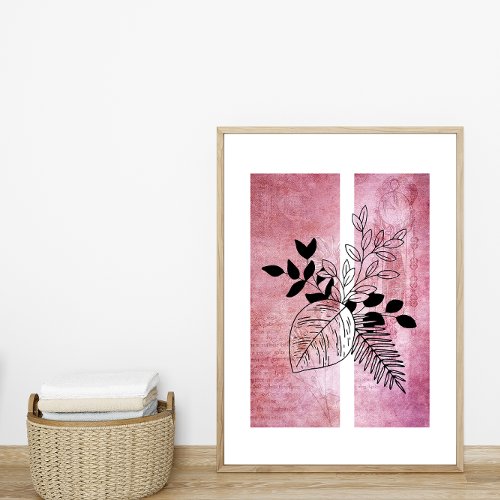 Simple Leaf Outline Line Art Deep Pink Background Poster
