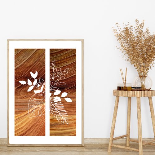 Simple Leaf Outline Line Art Rich Wood Background Poster