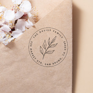 Simple Leaf   Round Name & Return Address Rubber Stamp