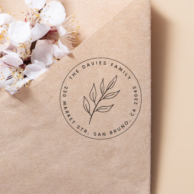 Simple Leaf | Round Name & Return Address Rubber Stamp (Stamp Mock-up)