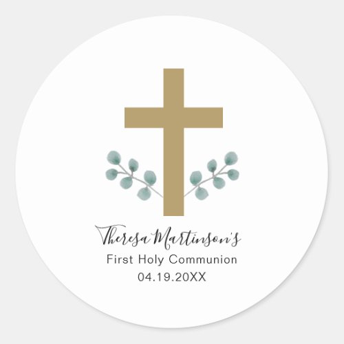 Simple Leaves and Cross First Holy Communion Classic Round Sticker