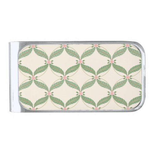 Simple Leaves Flowers Grid Pattern Silver Finish Money Clip