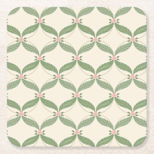 Simple Leaves Flowers Grid Pattern Square Paper Coaster