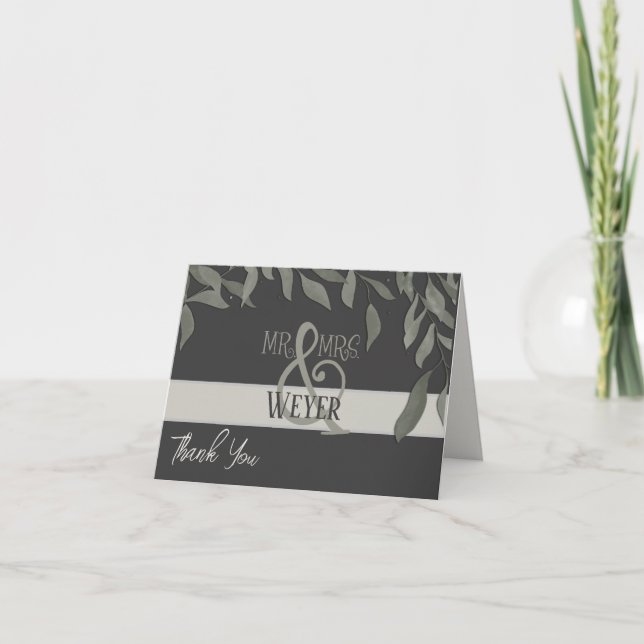 Simple Leaves Inspirivity Elegant Black Wedding  Thank You Card (Front)