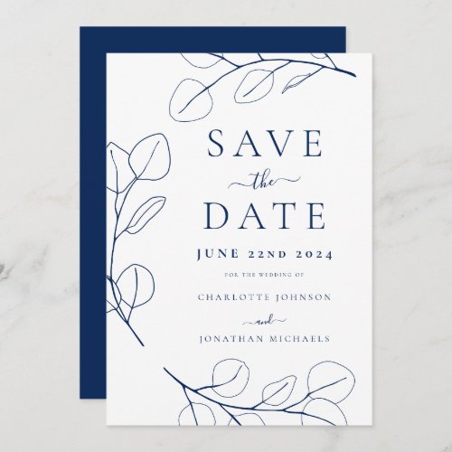 Simple Leaves Modern Navy Blue Wedding Save The Date