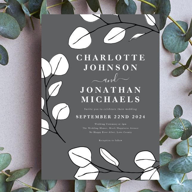 Simple Leaves Modern Stylish Gray  Invitation (Simple leaves stylish modern gray black and white wedding invitation)