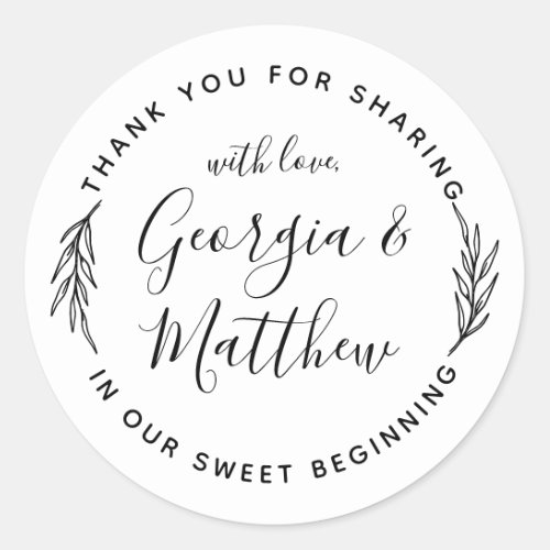 Simple Leaves Script Names Round Wedding Thank You Classic Round Sticker