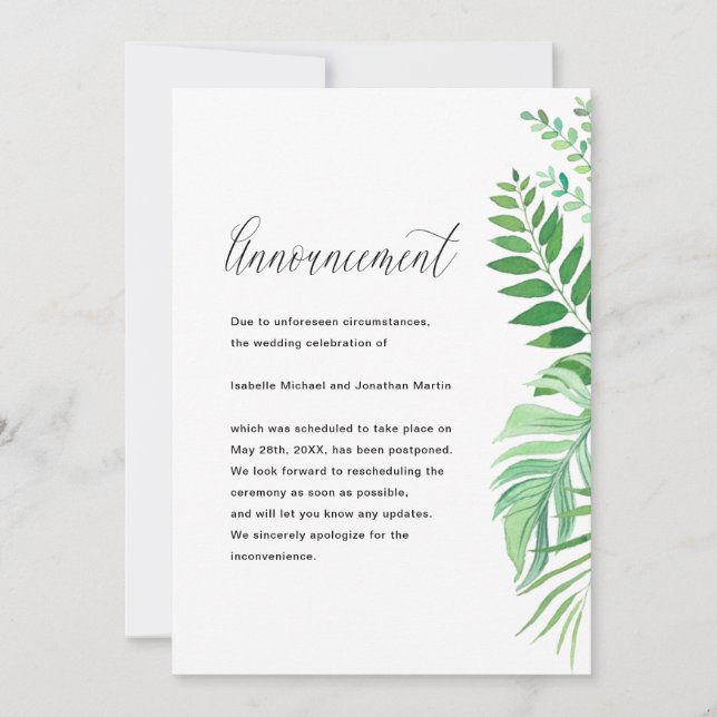 Simple Leaves Wedding Postponement Announcement (Front)