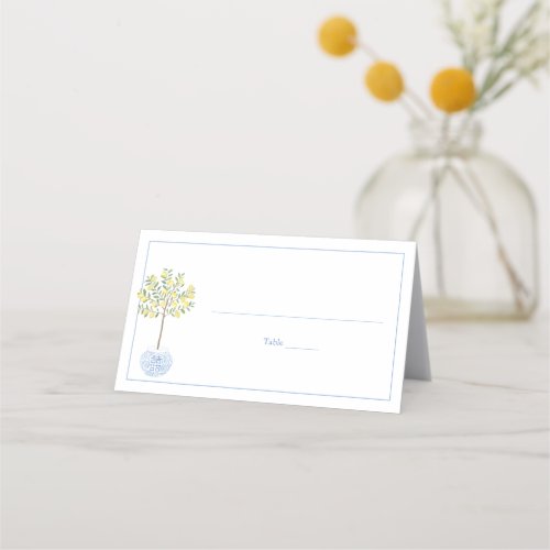 Simple Lemon Tree Blue White Stripes Baby Shower Place Card