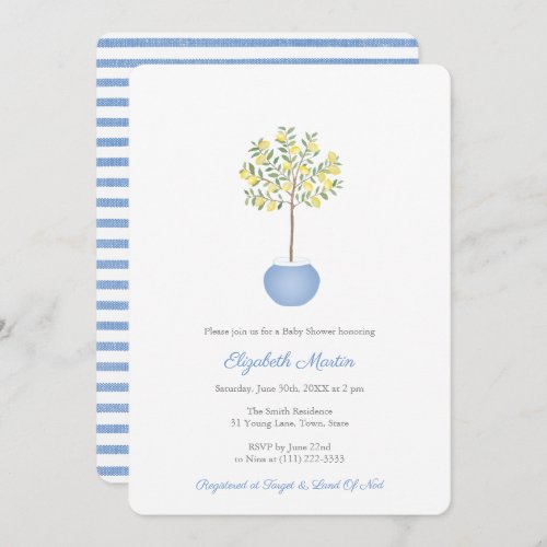 Simple Lemon Tree Blue Yellow Boy Baby Shower Invitation