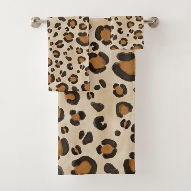 Simple Leopard Animal Print Brown Tan Bath Towel Set (Insitu)